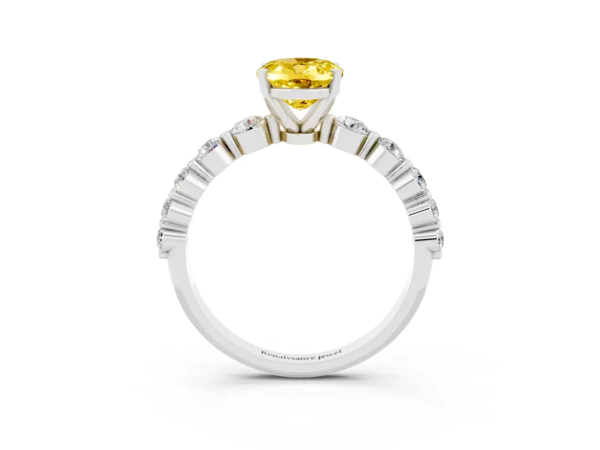 Oval Cut Solitaire Yellow Sapphire Ring with Pave Band and Four-Prong Setting Silver