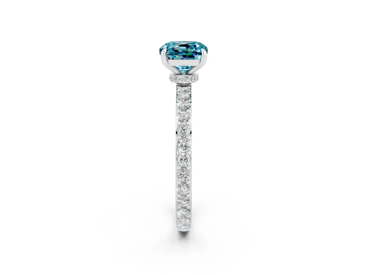 Cushion Cut Blue Topaz Solitaire Engagement Ring with Pavé Band and Four-Prong Setting White gold