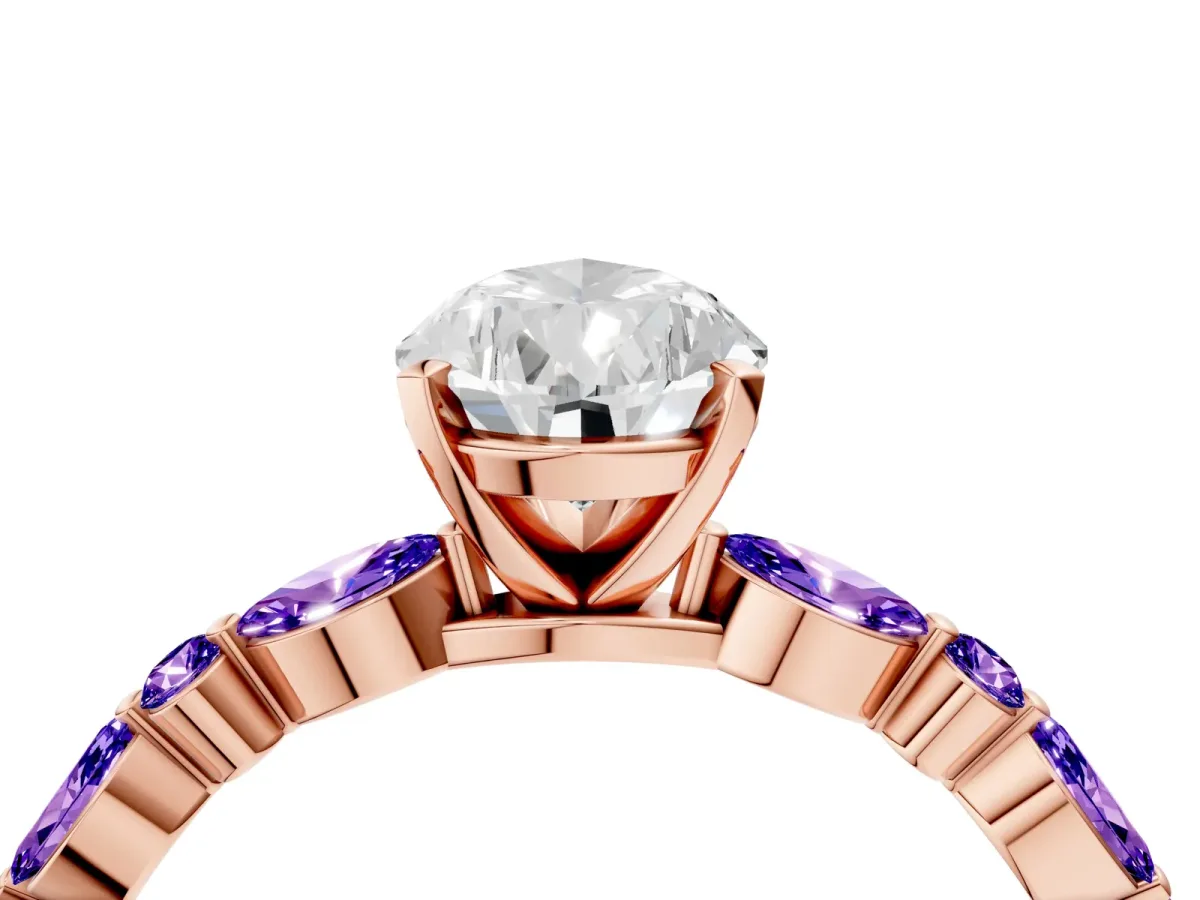 Pear Cut Diamond Ring with Marquise and Round Tanzanite Side Stones and Four-Prong Setting Rose gold