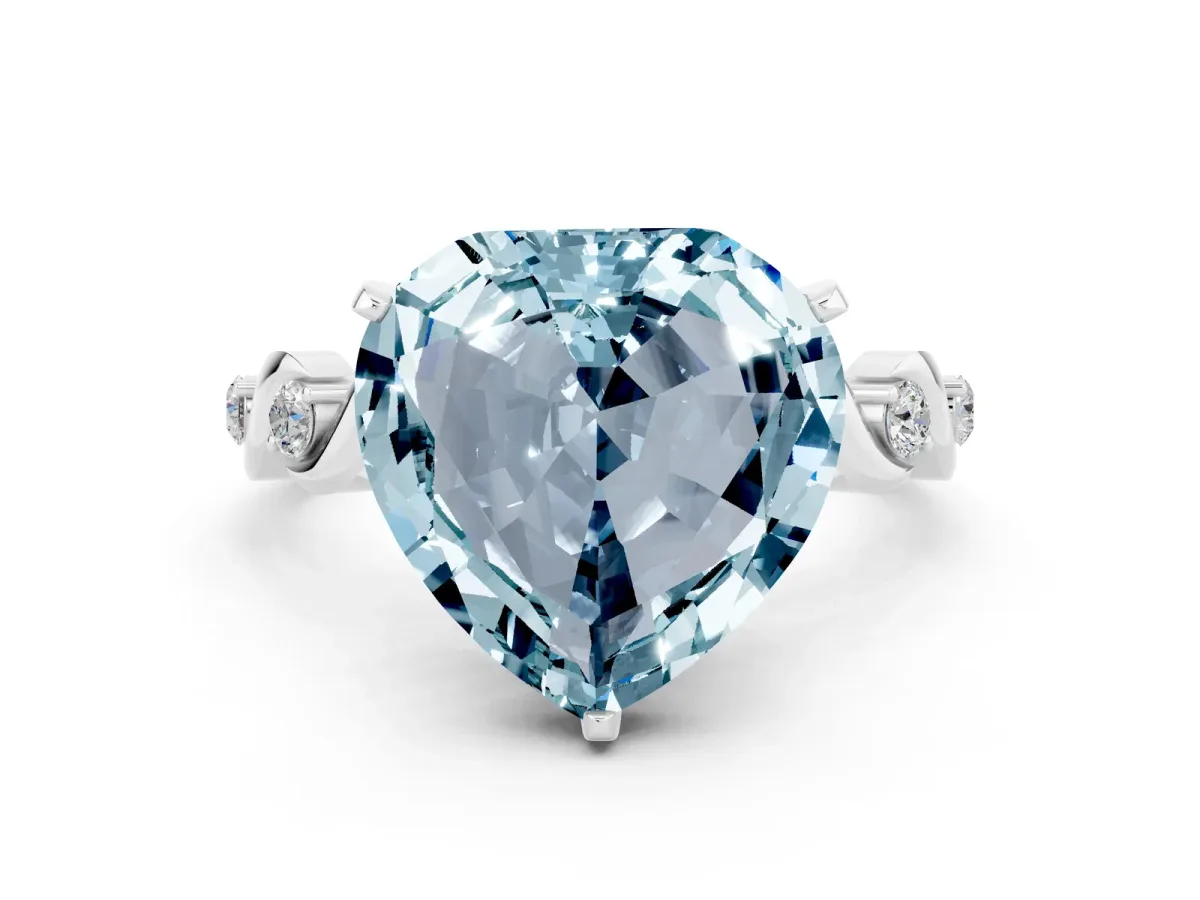 Heart Cut Aquamarine Solitaire Twisted Band with Round Accents and Prong Setting Platinum