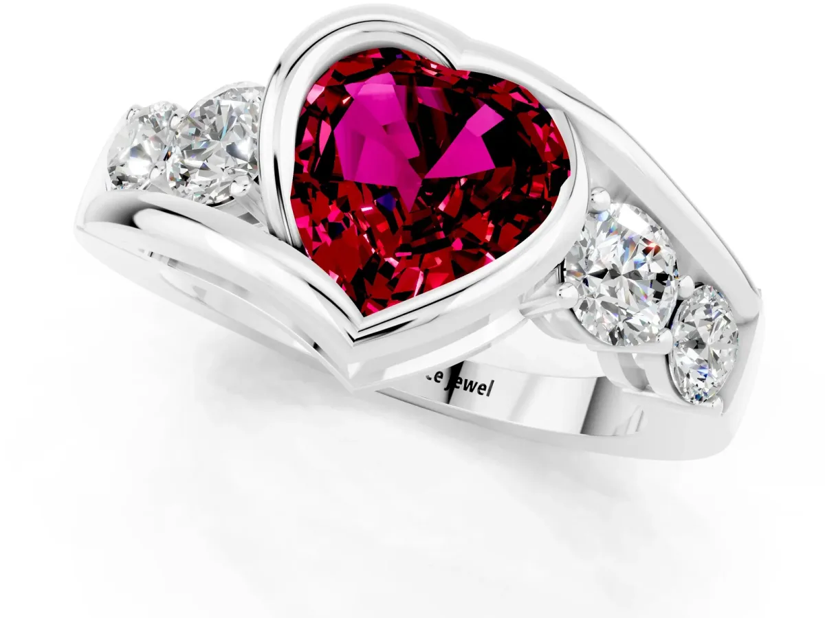 Bezel Set Heart Cut Garnet Bypass Ring with Round Accents Silver