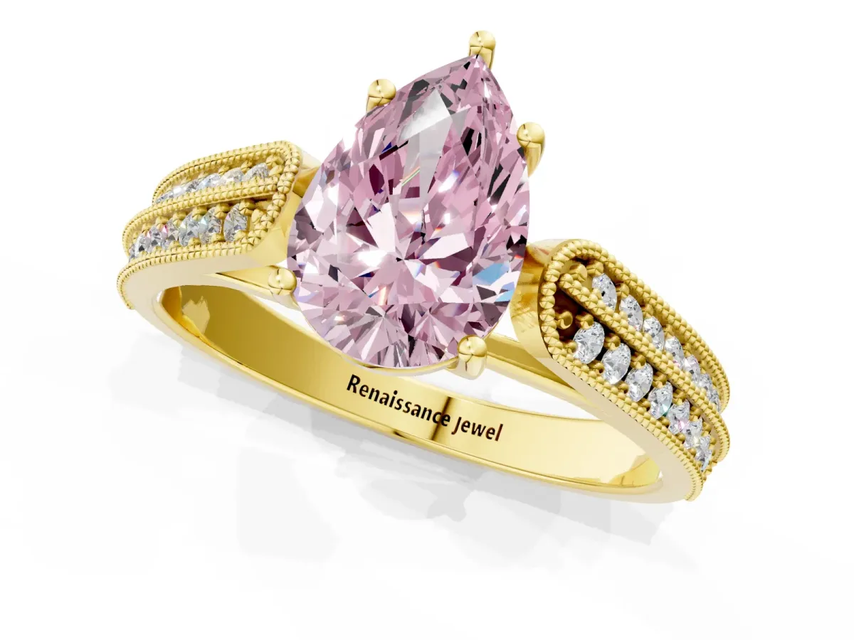 Fancy Pink Pear Cut Cut Pave Split Shank Engagement Ring with Four-Prong Setting Yellow gold