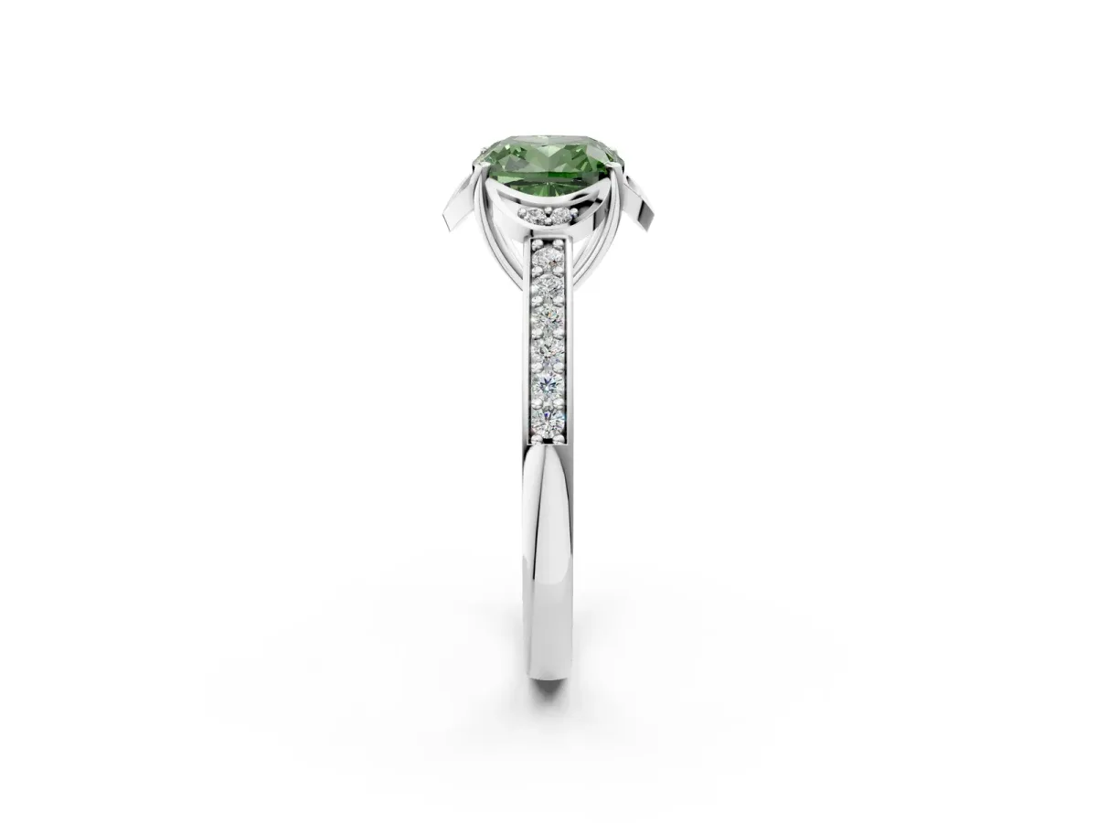Fancy Green Cushion Cut Cut Halo Diamond Ring with Channel Set Band and Four-Prong Setting White gold
