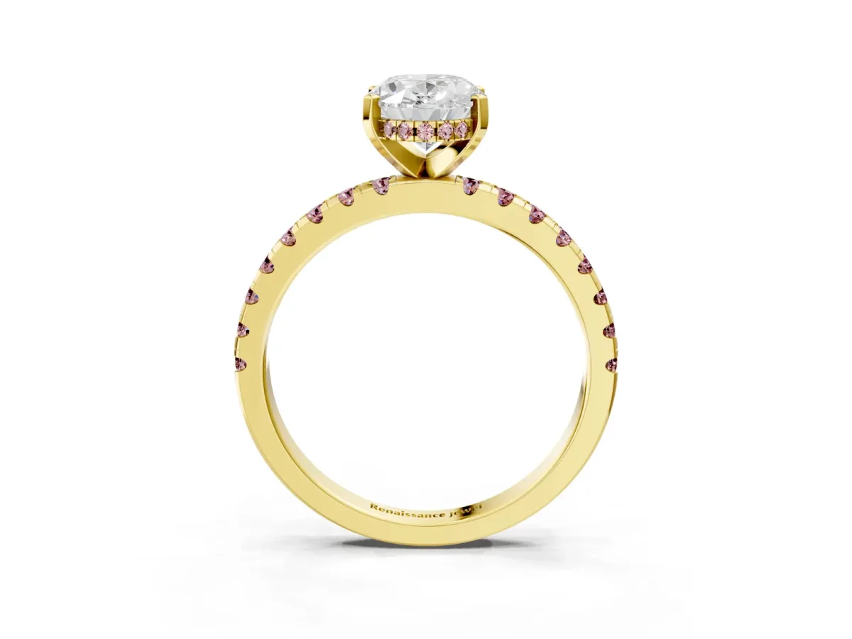 Oval Cut Diamond Solitaire Ring with Round Morganite Pavé Band and Four-Prong Setting Yellow gold