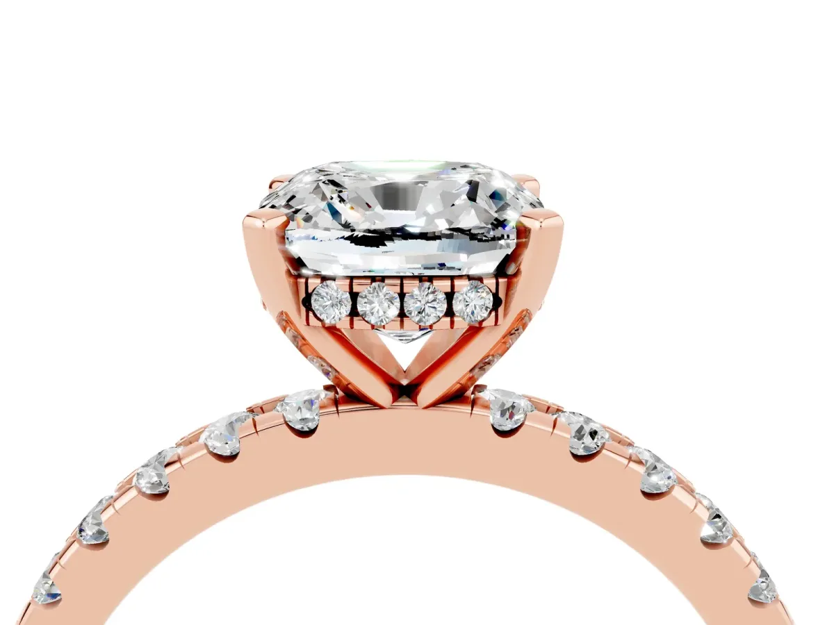 Cushion Cut Moissanite Solitaire Ring with Round Pavé Band and Four-Prong Setting Rose gold