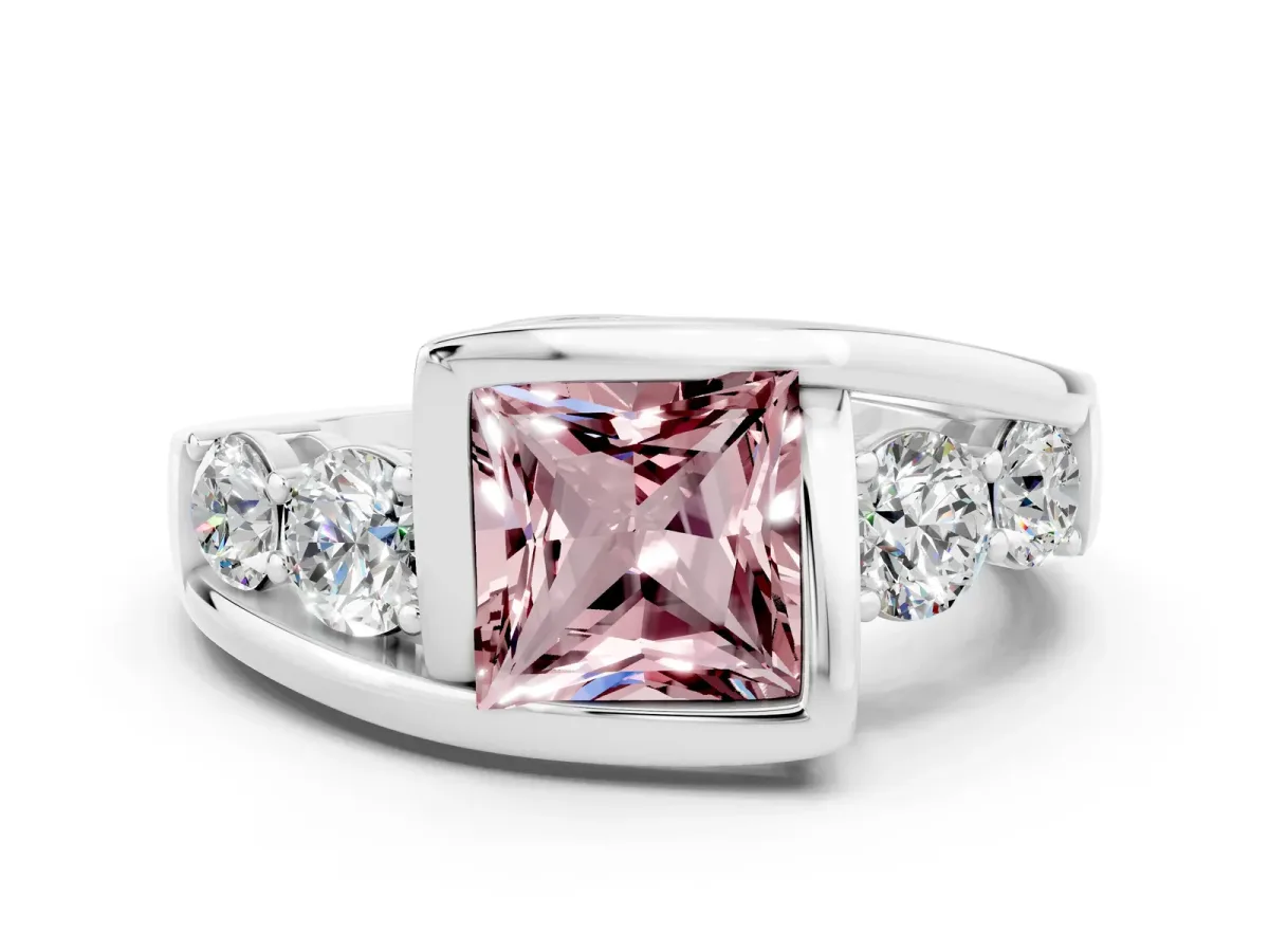 Bezel Set Princess Cut Morganite Bypass Ring with Round Accents Silver