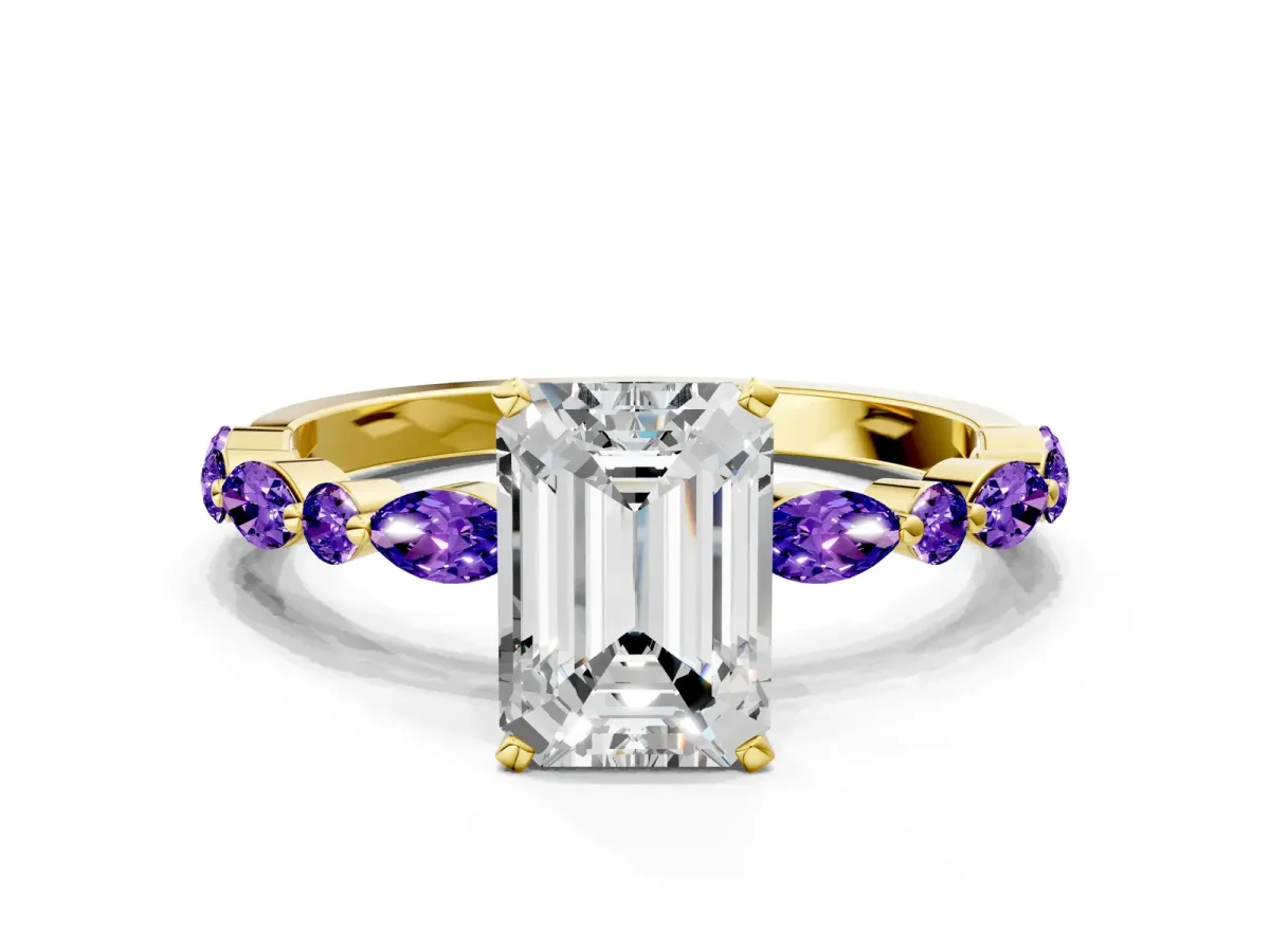 Emerald Cut Diamond Ring with Marquise and Round Tanzanite Side Stones and Four-Prong Setting Yellow gold