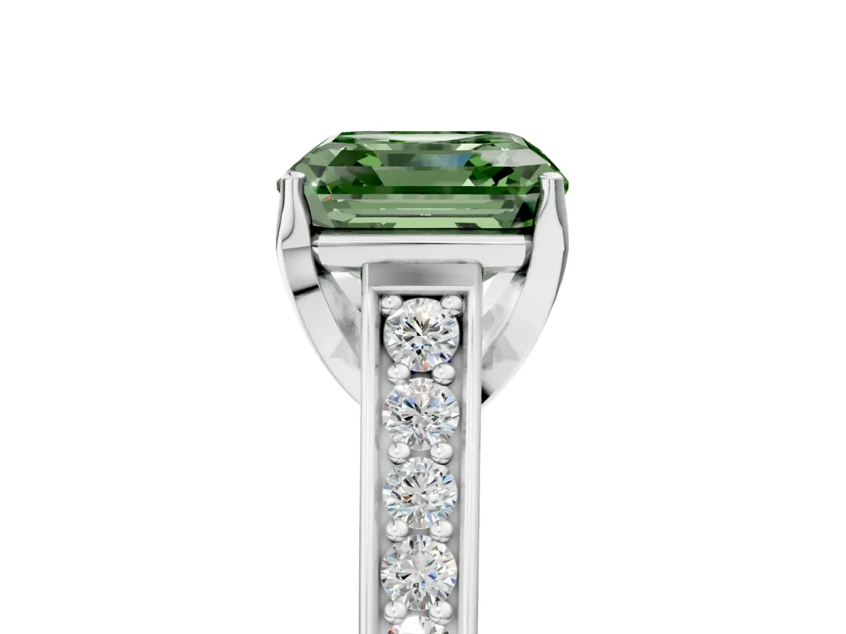 Fancy Green Asscher Cut Brilliant Cut Diamond Engagement Ring with Pavé Band and Four-Prong Setting Platinum