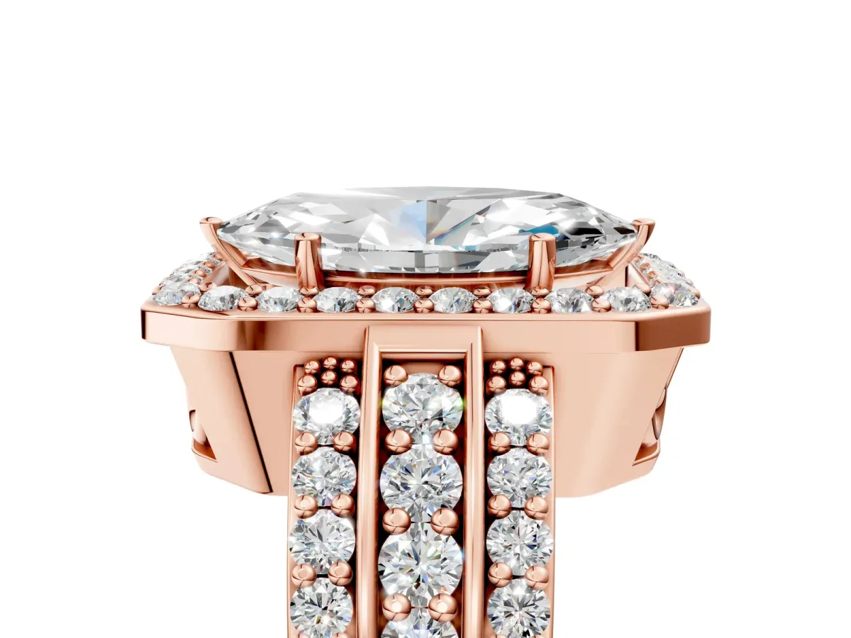 Marquise Cut Halo Diamond Ring with Round Split Shank and Prong Setting Rose gold