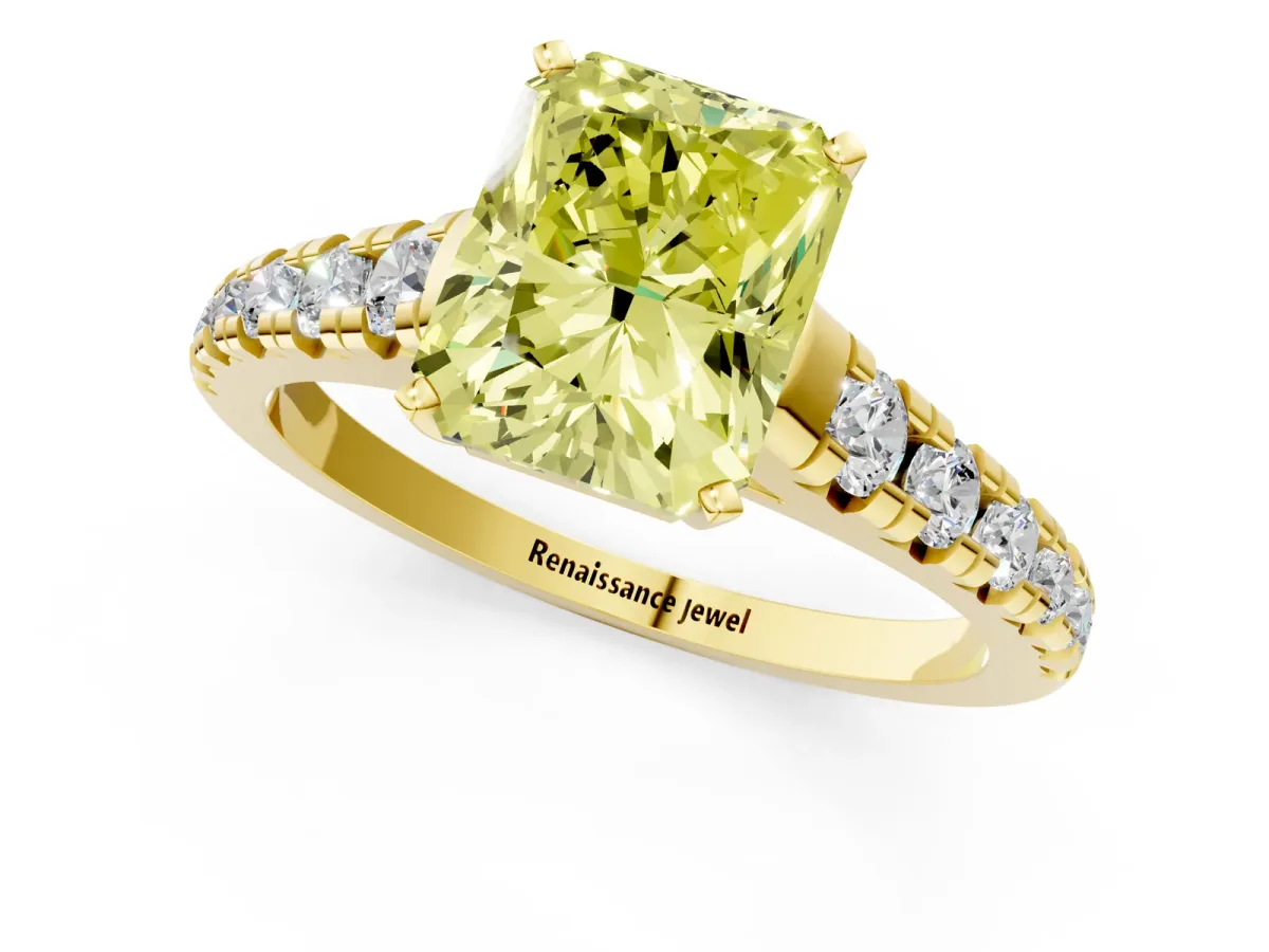 Fancy Yellow Radiant Cut Diamond Cathedral Solitaire Ring with Round Pavé Band Yellow gold