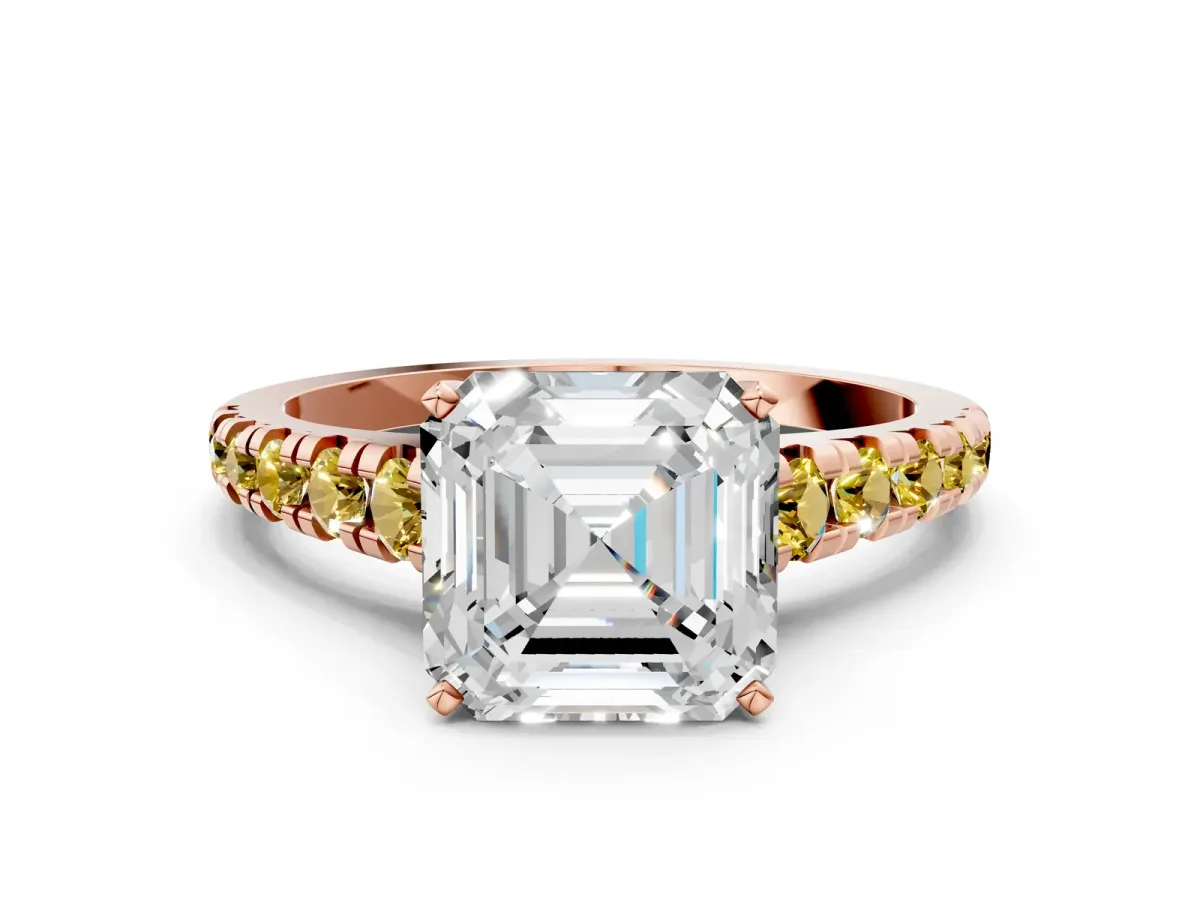 Asscher Cut Diamond Cathedral Solitaire Ring with Round Yellow Sapphire Pavé Band Rose gold