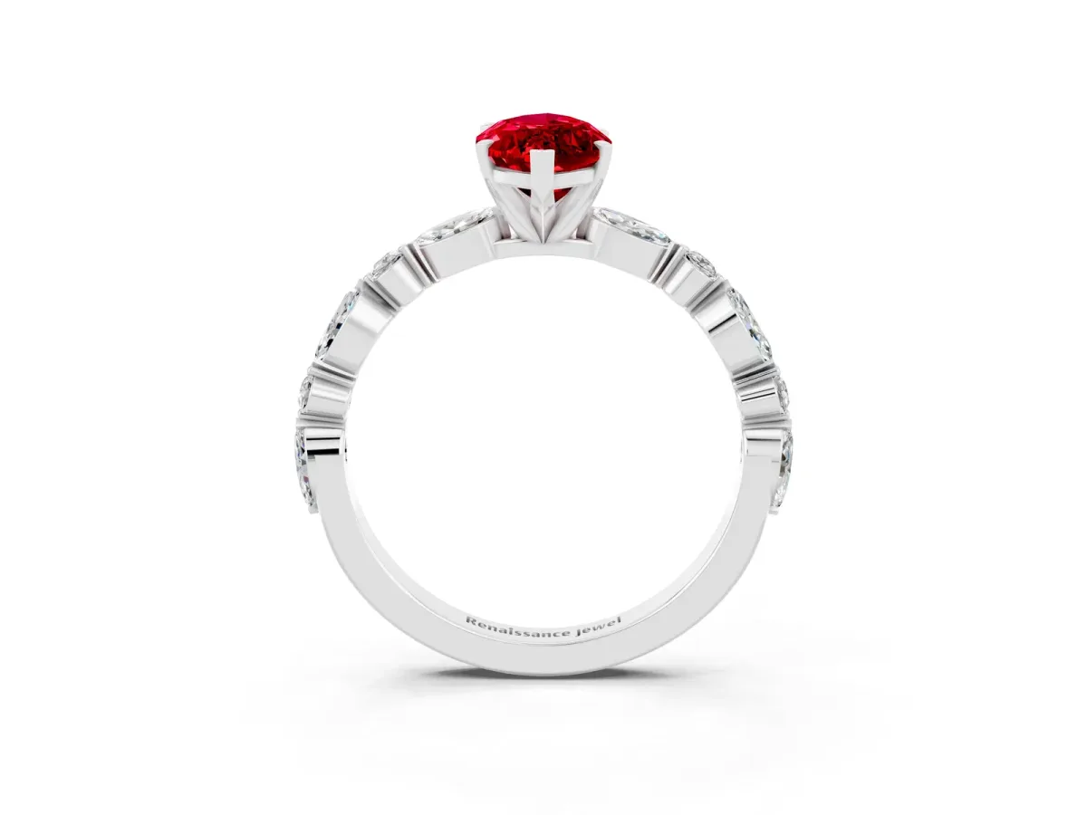 Marquise Cut Ruby Ring with Marquise and Round Side Stones and Four-Prong Setting White gold
