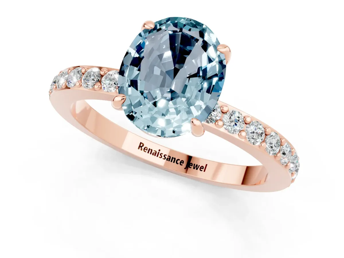 Oval Cut Aquamarine Solitaire Engagement Ring with Pavé Band and Four-Prong Setting Rose gold