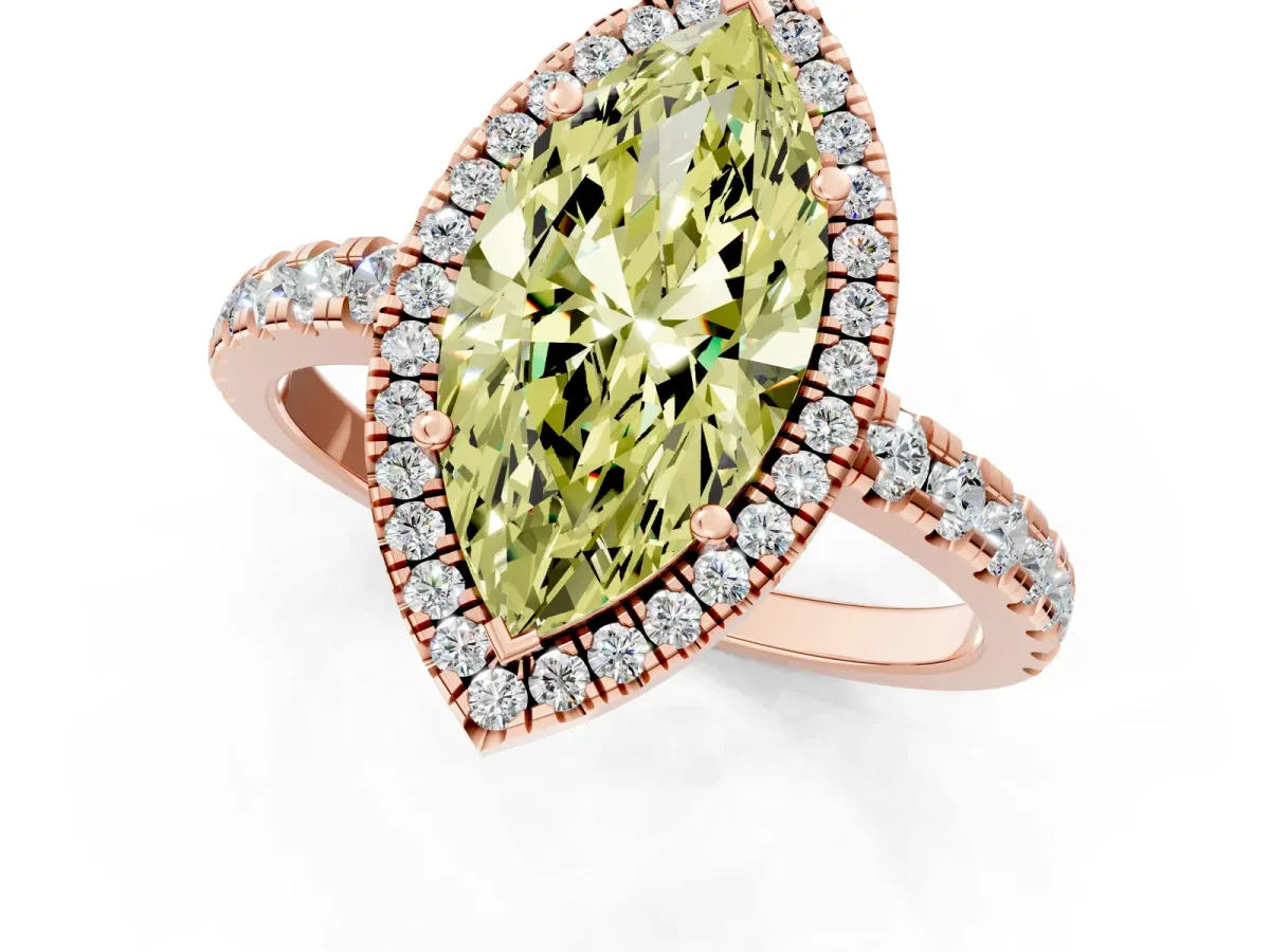 Fancy Yellow Marquise Cut Diamond Halo Ring with Pavé Band and Four-Prong Setting Rose gold