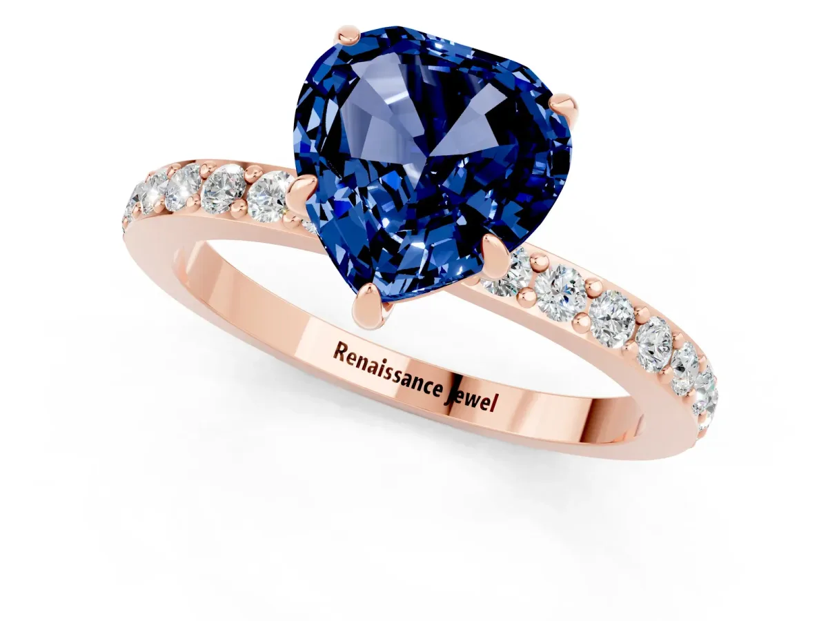 Heart Cut Blue Sapphire Solitaire Engagement Ring with Pavé Band and Four-Prong Setting Rose gold