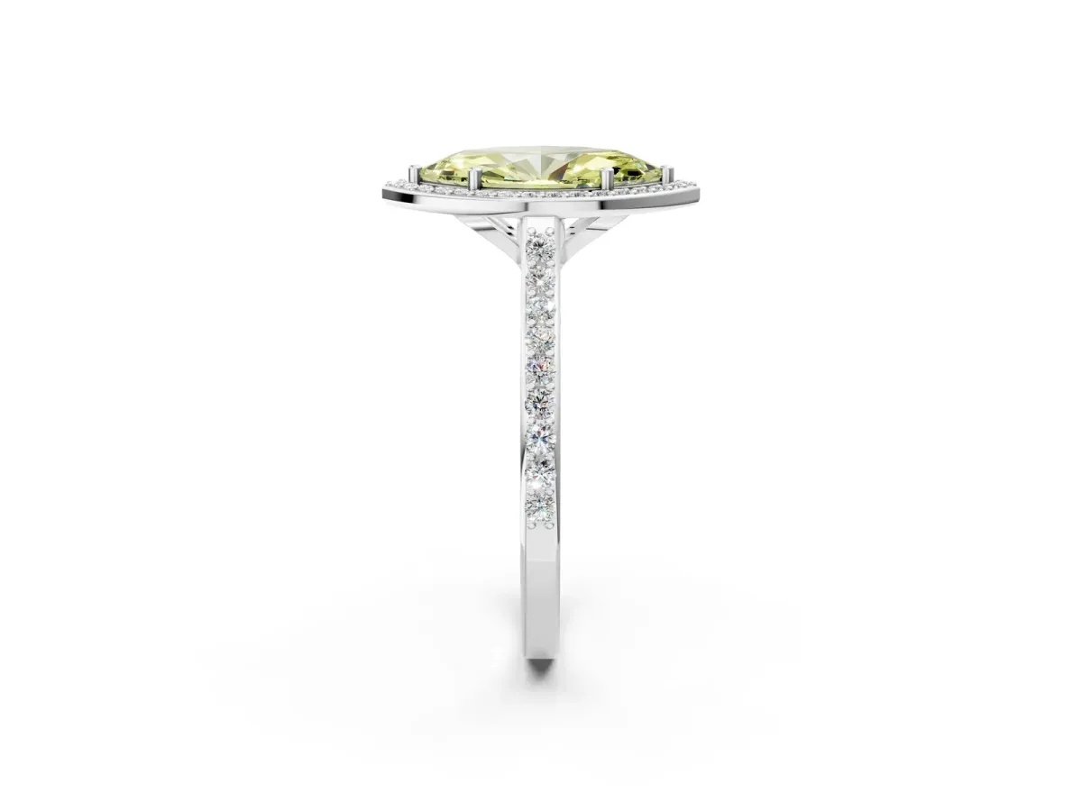 Fancy Yellow Marquise Cut Diamond Halo Engagement Ring with Round Pavé Shoulders and Prong Setting Platinum