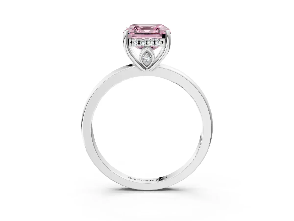 Fancy Pink Asscher Cut Solitaire Diamond Ring with Prong Setting and Plain Band Silver