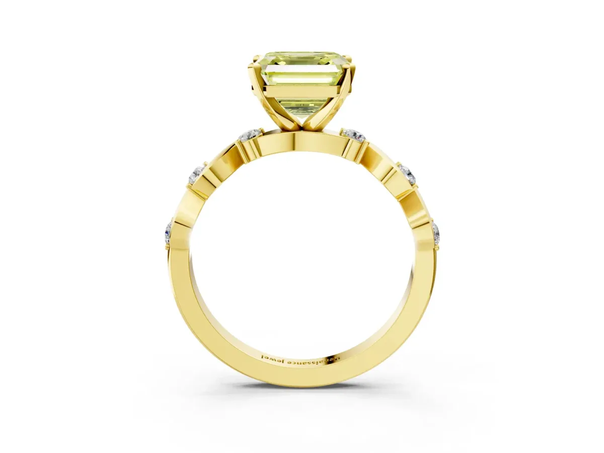 Fancy Yellow Asscher Cut Diamond Solitaire Twisted Band with Round Accents and Prong Setting Yellow gold