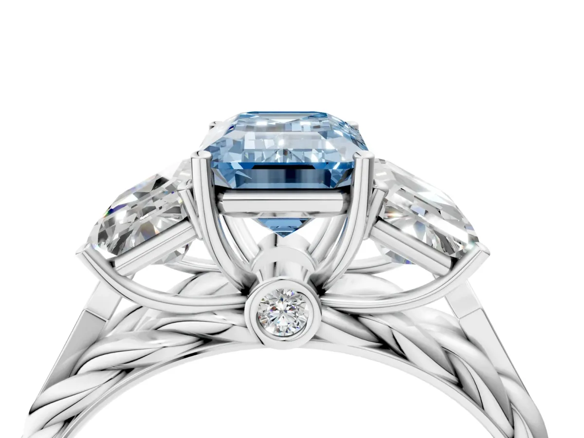 Fancy Blue Three-Stone Emerald Cut Diamond Braided Band Ring with Four-Prong Setting Silver