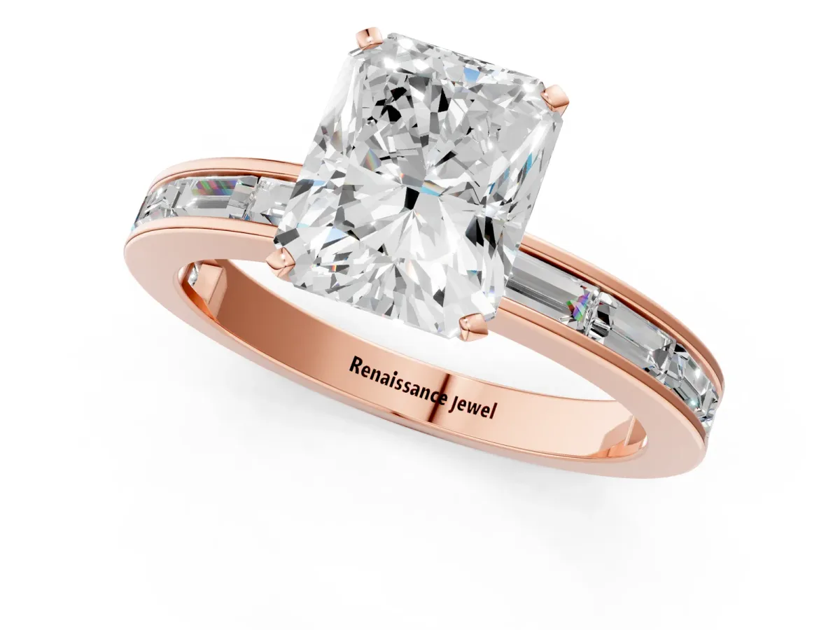 Radiant Cut Solitaire Diamond Ring with Channel-Set Baguette Band and Four-Prong Setting Rose gold