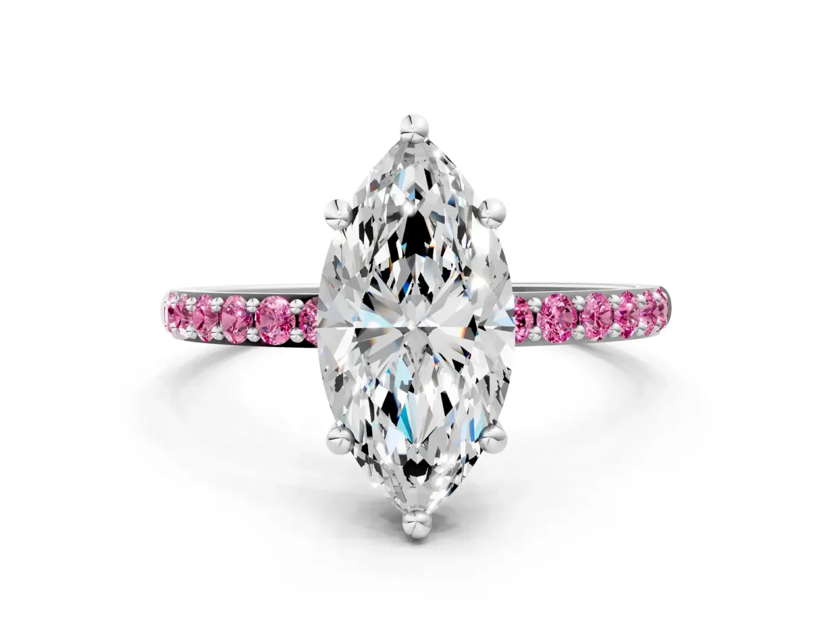 Marquise Cut Diamond Solitaire Ring with Round Pink Sapphire Pavé Band and Prong Setting White gold