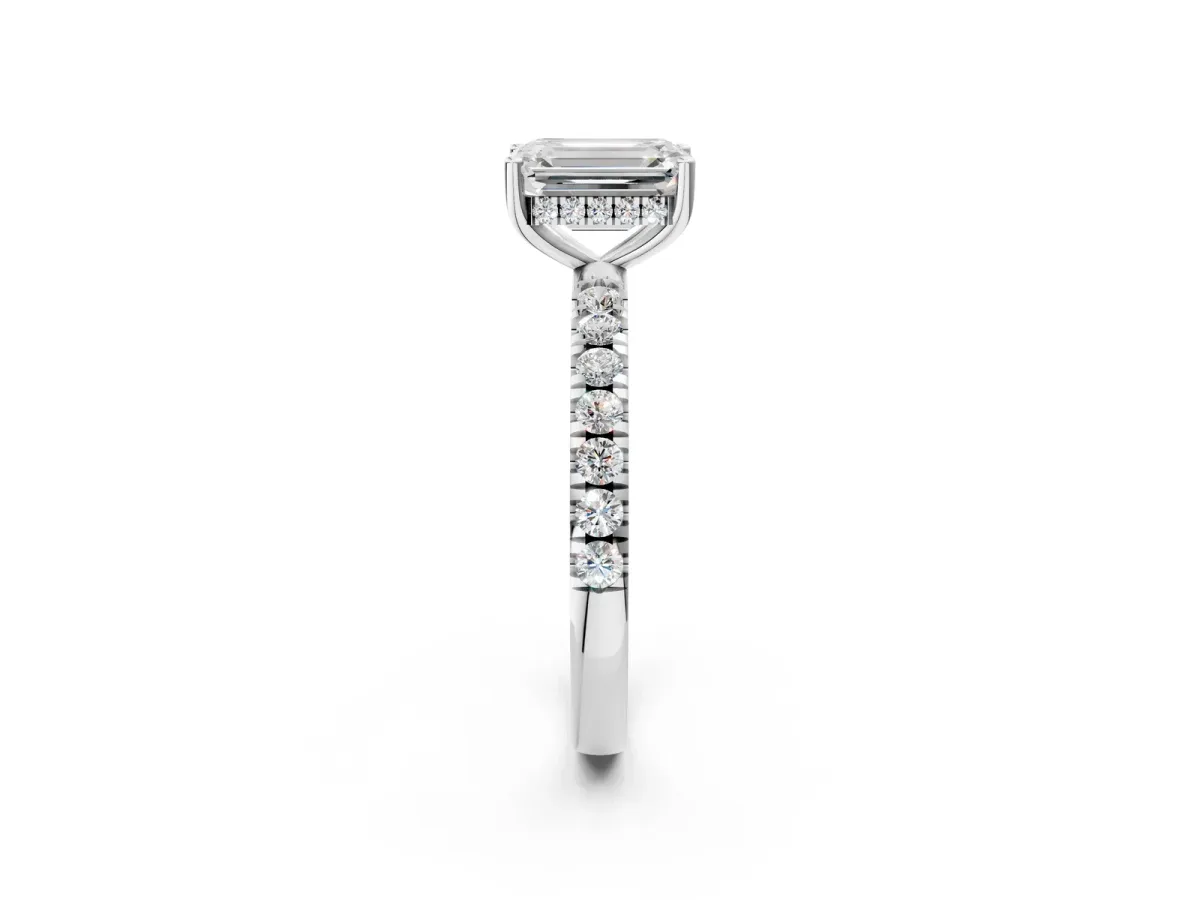 Emerald Cut Diamond Pave Band Solitaire Ring with Round and Prong Setting White gold