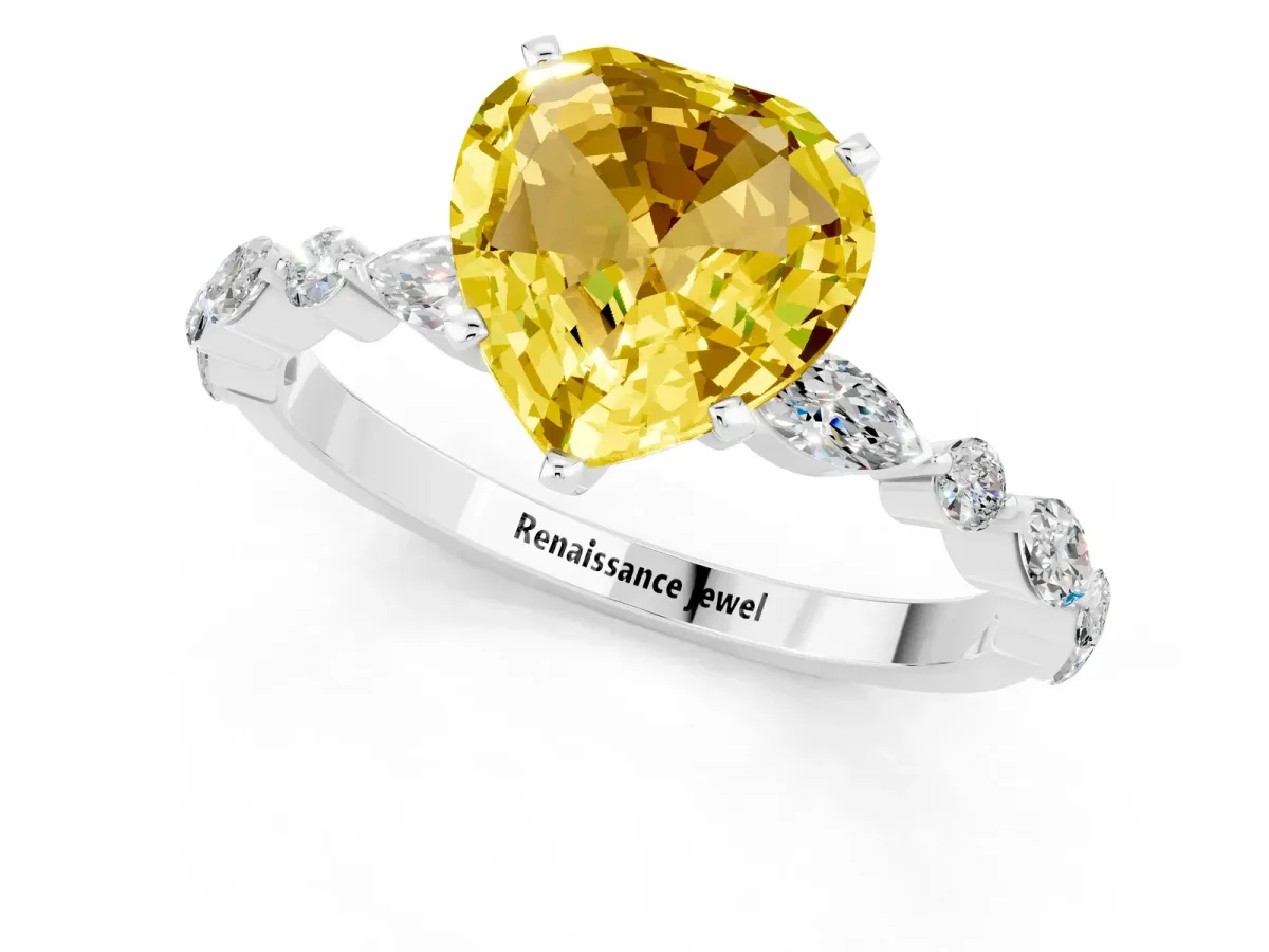Heart Cut Yellow Sapphire Ring with Marquise and Round Side Stones and Four-Prong Setting White gold