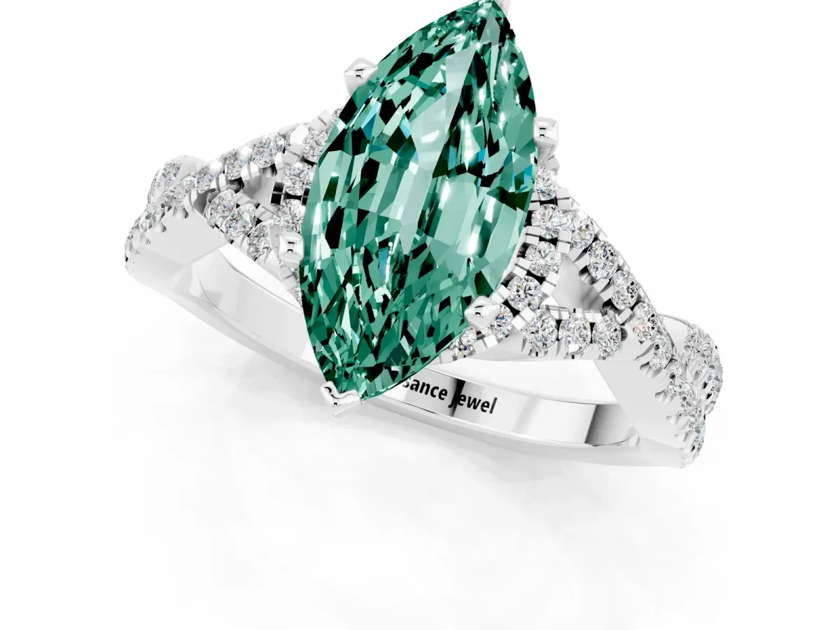 Marquise Cut Green Sapphire Halo Twist Band Solitaire Prong Setting Ring White gold