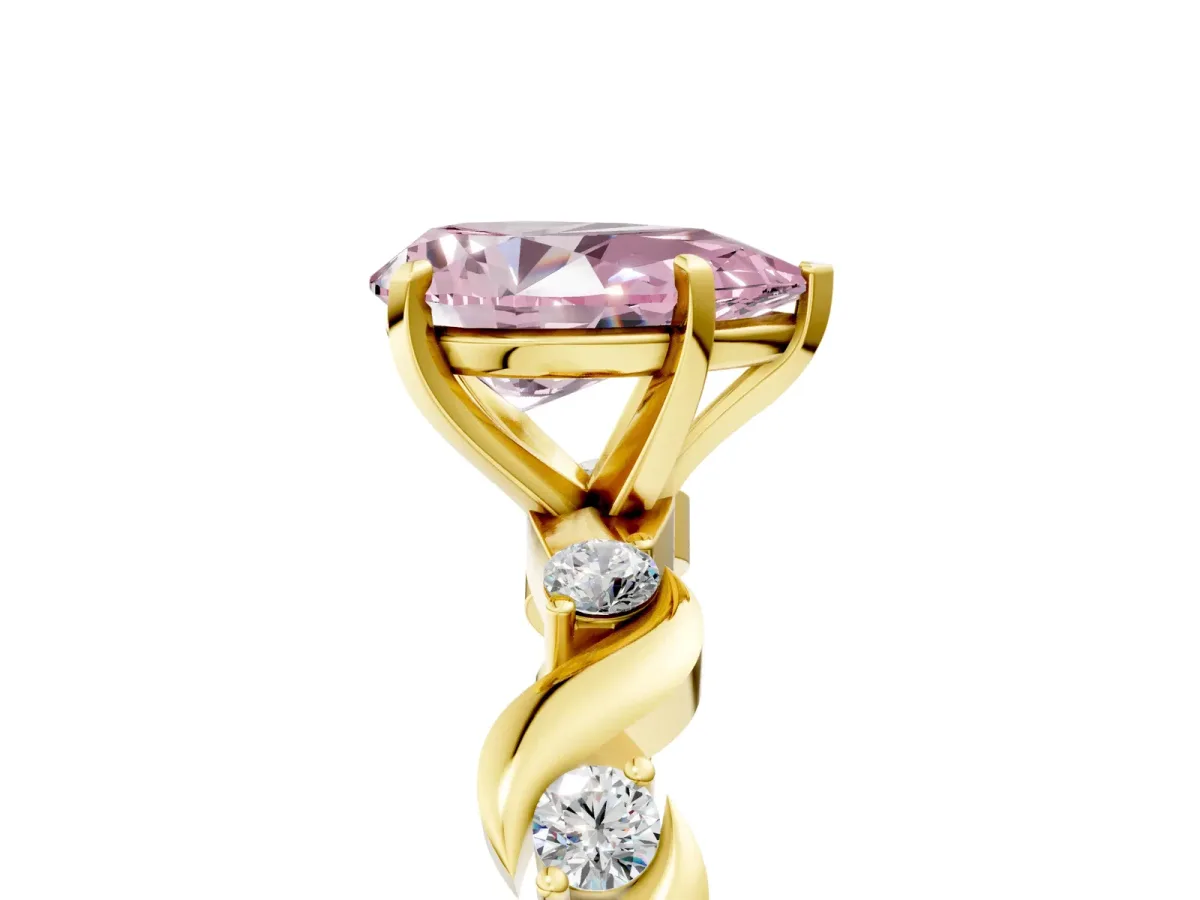 Fancy Pink Pear Cut Diamond Solitaire Twisted Band with Round Accents and Prong Setting Yellow gold