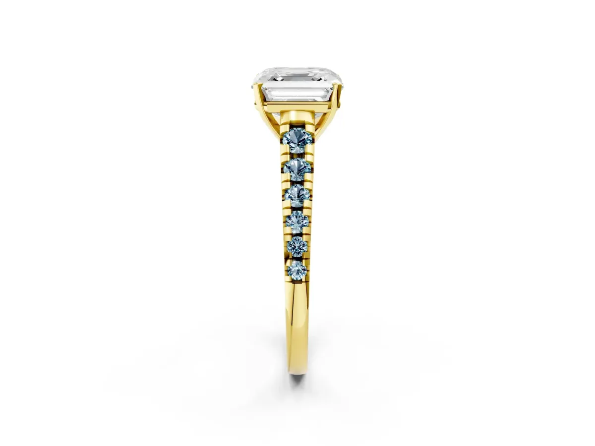 Asscher Cut Diamond Cathedral Solitaire Ring with Round Aquamarine Pavé Band Yellow gold