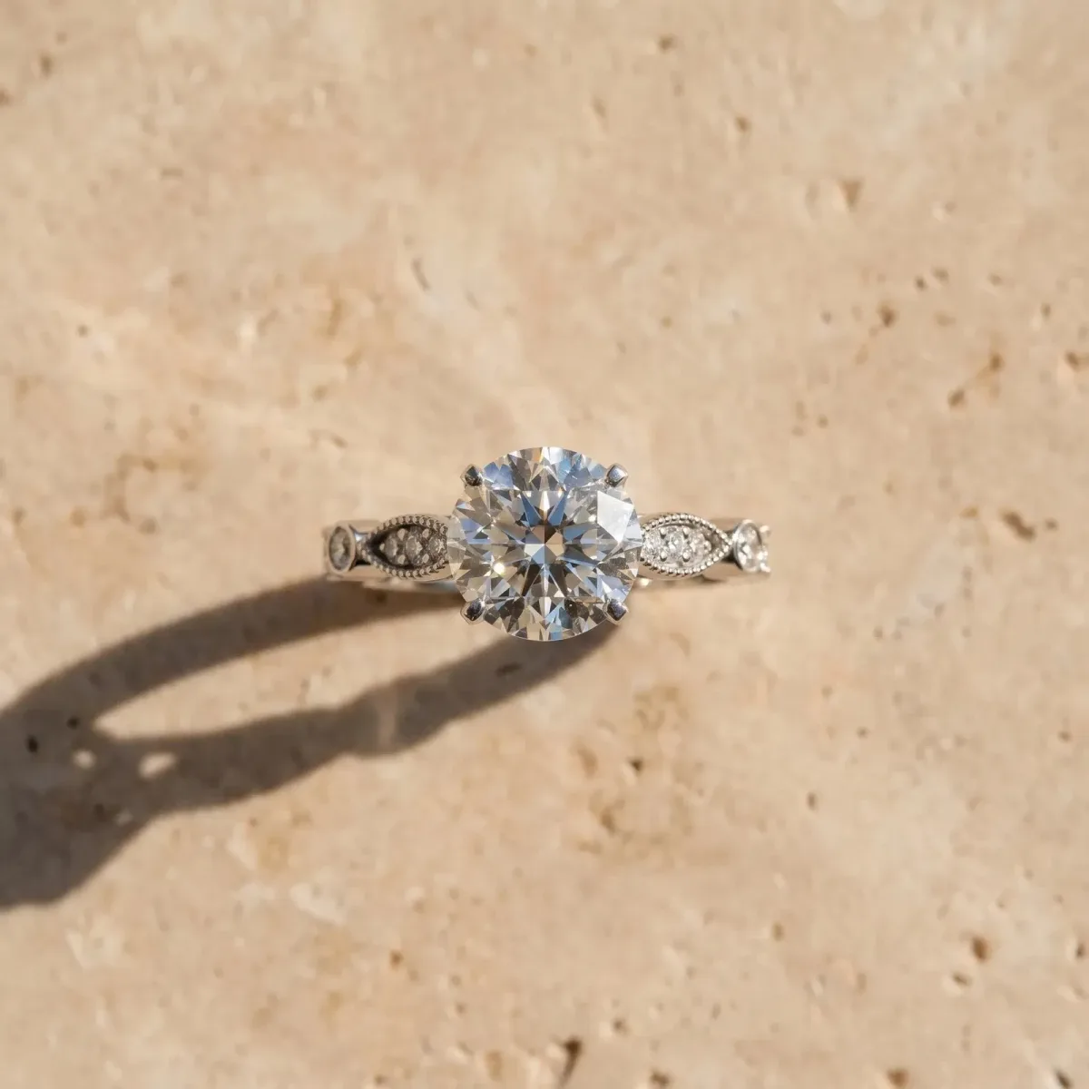 Round Cut Cut Diamond with Milgrain Marquise and Bezel Accents on a Solitaire Band with Prong Setting Silver