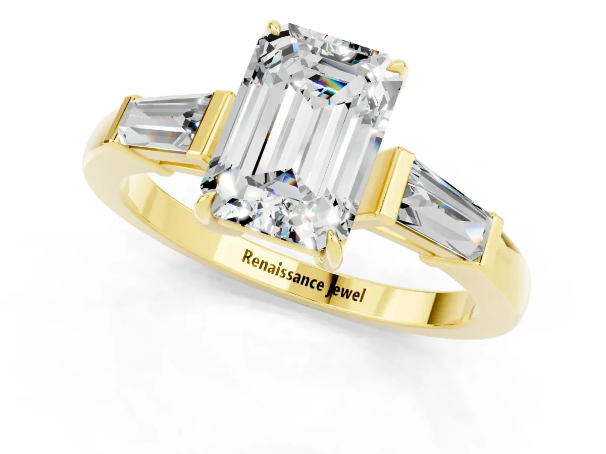Emerald Cut Moissanite Three-Stone Ring with Tapered Baguette Side Stones and Prong Setting Yellow gold