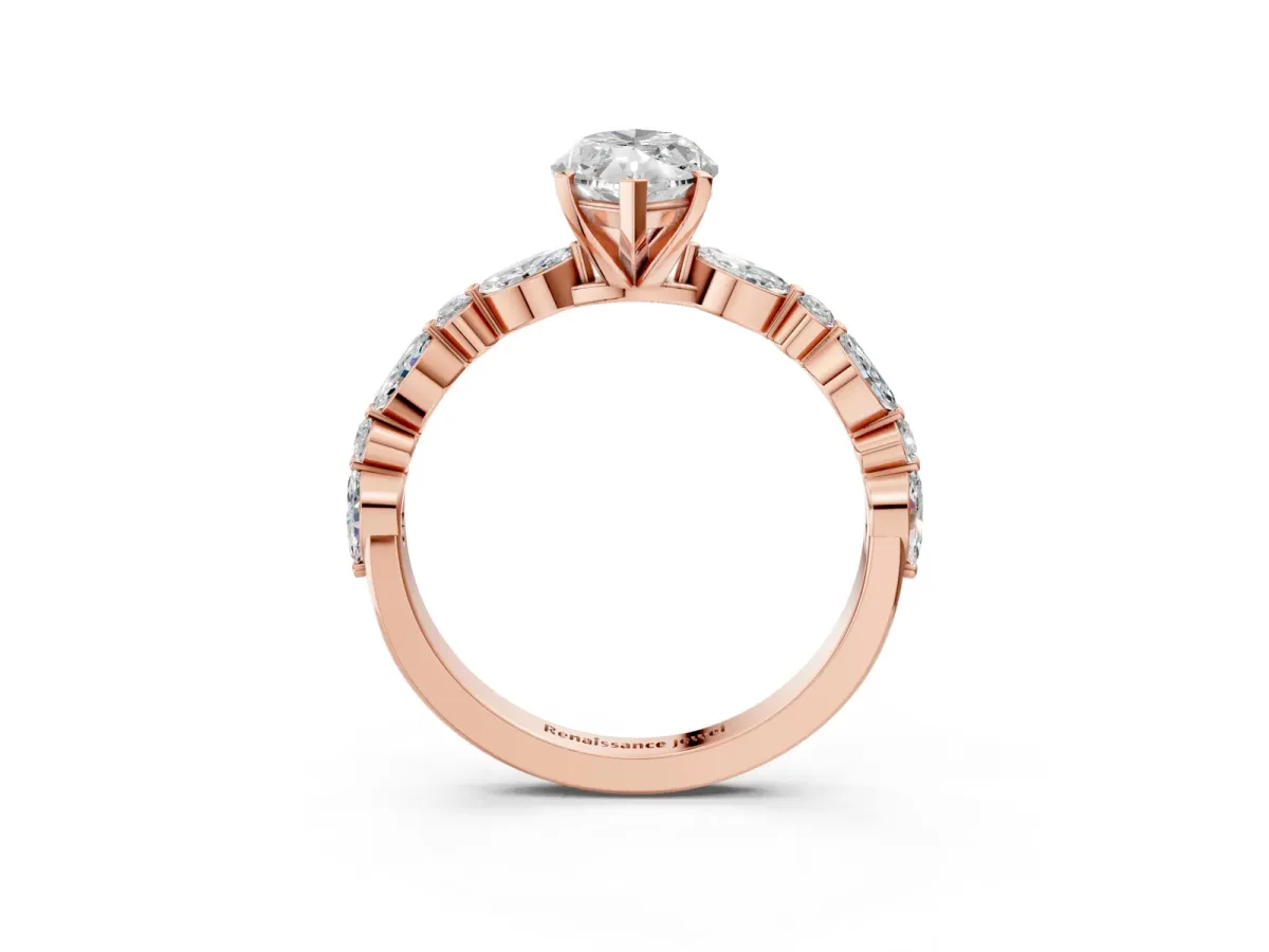 Marquise Cut Diamond Ring with Marquise and Round Side Stones and Four-Prong Setting Rose gold