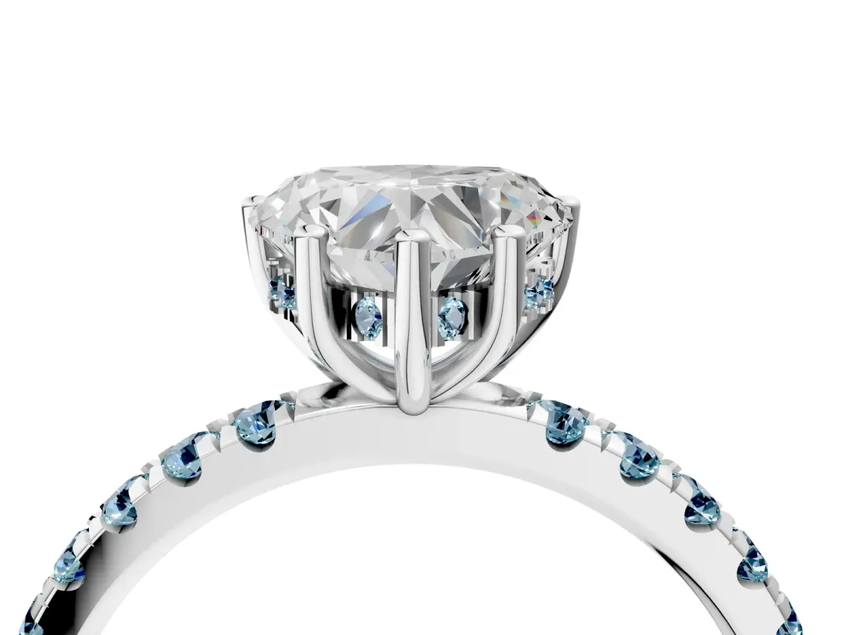 Heart Cut Diamond Pave Band Solitaire Ring with Round Aquamarine and Prong Setting White gold