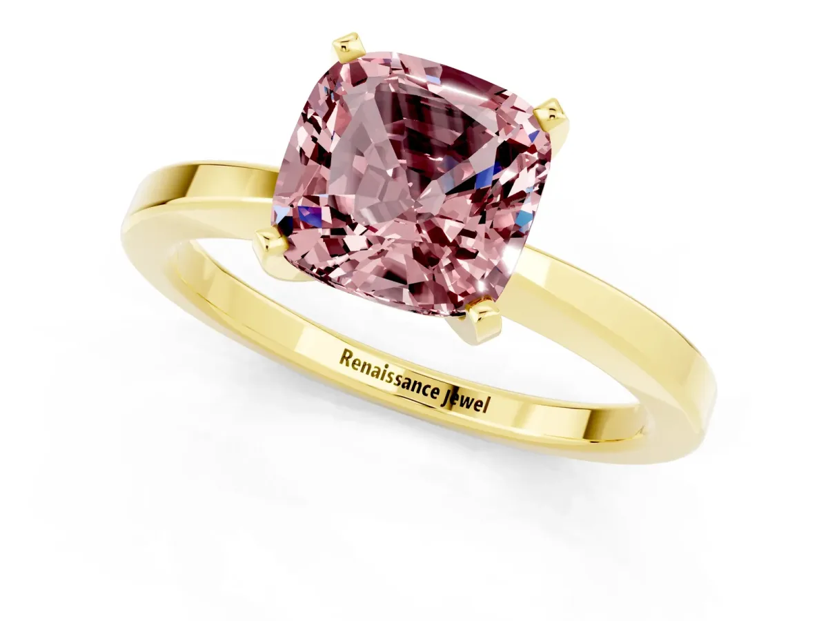 Cushion Cut Morganite Solitaire Engagement Ring with Classic Band and Four-Prong Setting Yellow gold