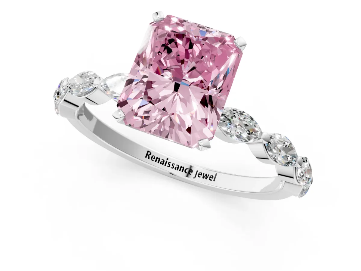 Fancy Pink Radiant Cut Diamond Ring with Marquise Side Stones and Prong Setting Platinum