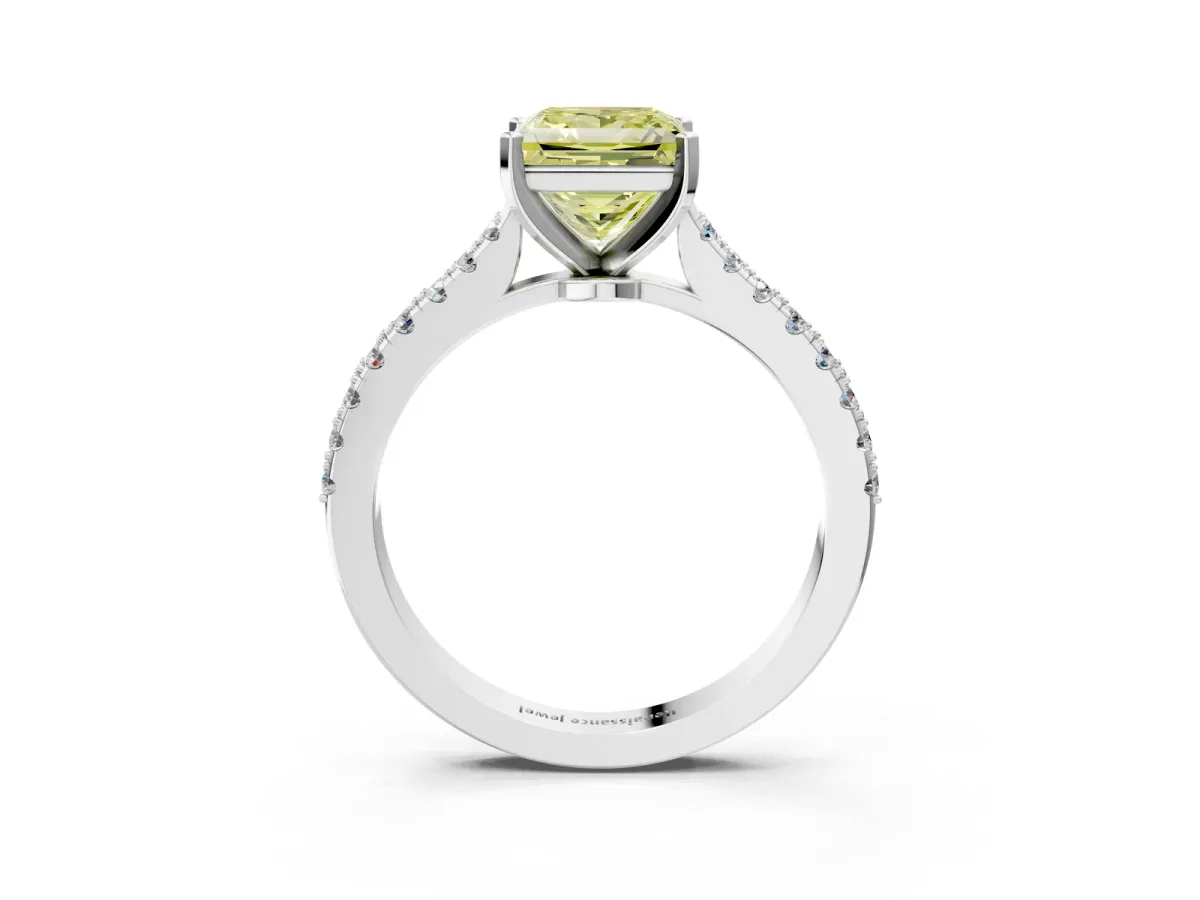 Fancy Yellow Princess Cut Cut Solitaire Diamond Engagement Ring with Pave Band and Four-Prong Setting White gold