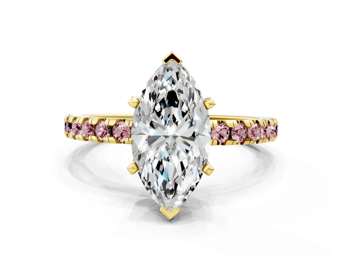 Marquise Cut Diamond Solitaire Ring with Round Morganite Pavé Band and Four-Prong Setting Yellow gold