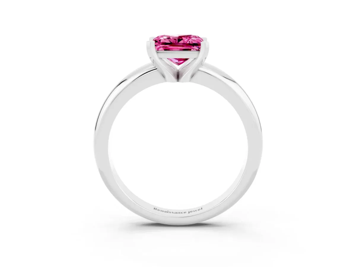 Princess Cut Pink Sapphire Solitaire Engagement Ring with Round Band and Four-Prong Setting White gold