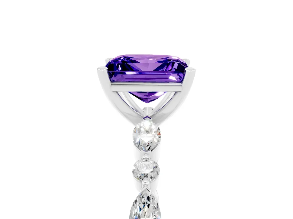 Princess Cut Tanzanite Ring with Marquise and Round Side Stones and Four-Prong Setting White gold