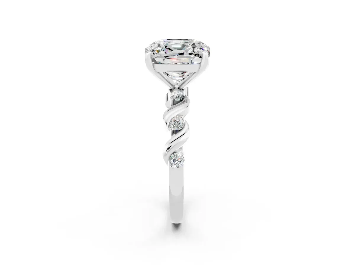 Cushion Cut Moissanite Solitaire Twisted Band with Round Accents and Prong Setting White gold