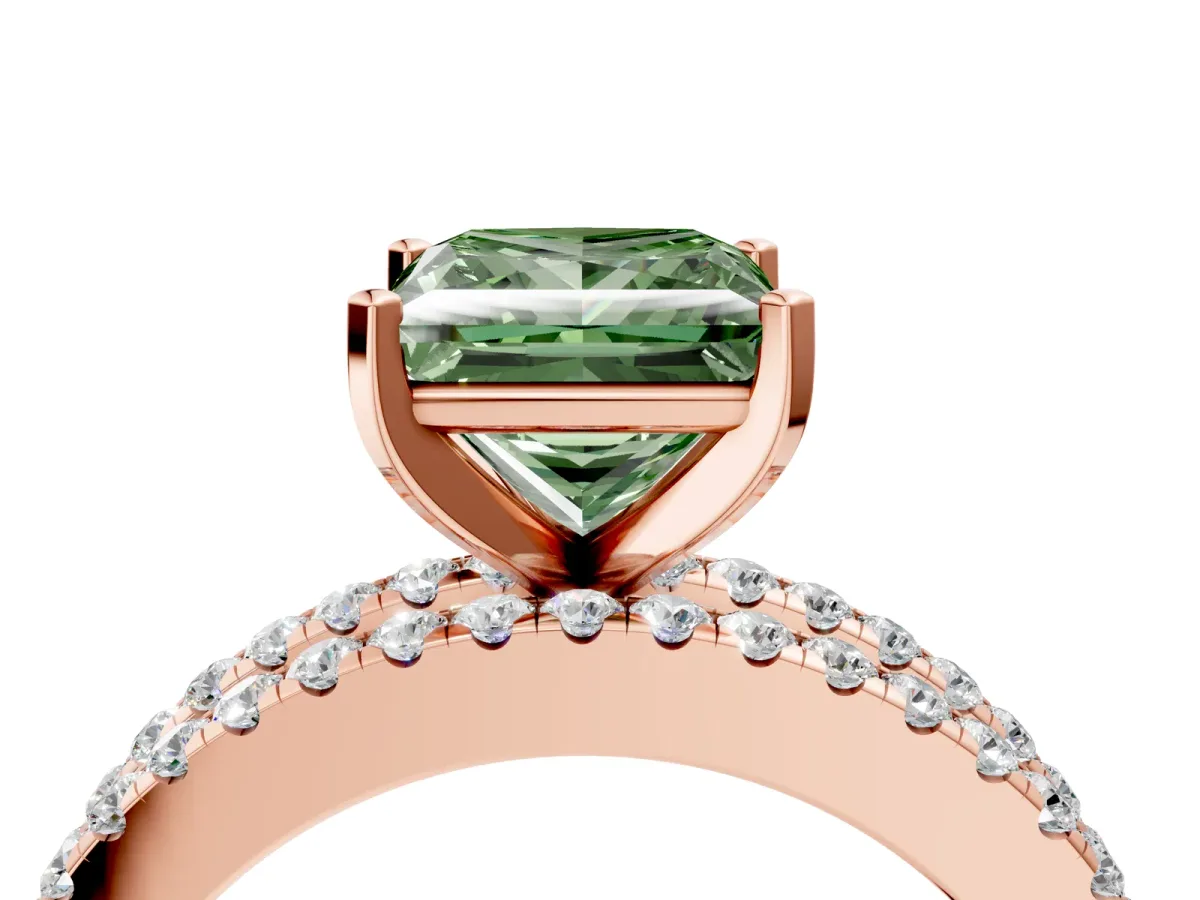 Fancy Green Princess Cut Diamond Solitaire Ring with Pavé and Channel Set Band Rose gold