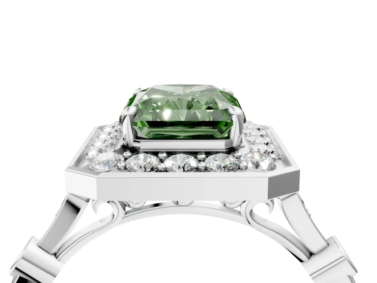 Fancy Green Radiant Cut Halo Diamond Engagement Ring with Twisted Band and Four-Prong Setting Platinum