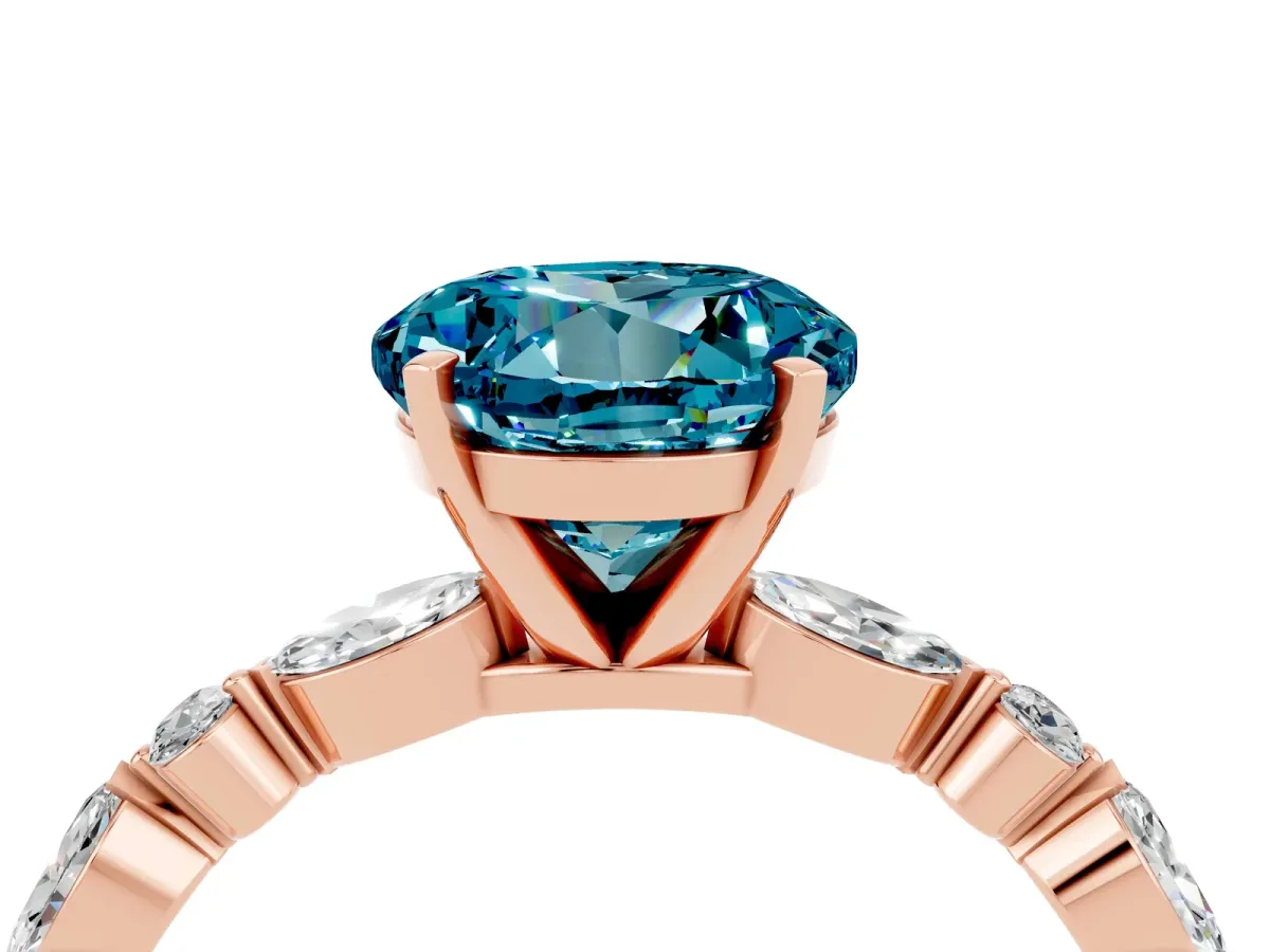 Round Cut Blue Topaz Ring with Marquise and Round Side Stones and Four-Prong Setting Rose gold