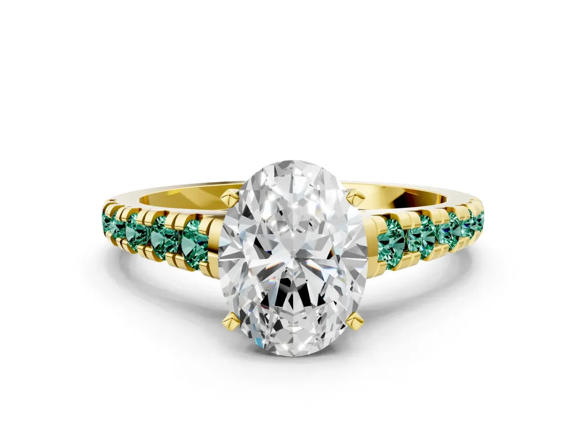 Oval Cut Diamond Cathedral Solitaire Ring with Round Green Sapphire Pavé Band Yellow gold