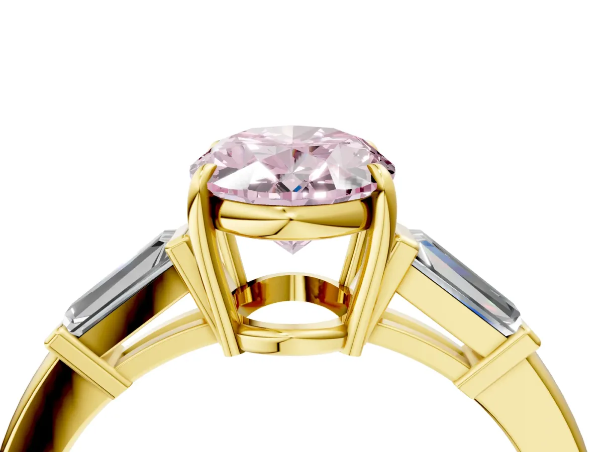 Fancy Pink Oval Cut Diamond Three-Stone Ring with Tapered Baguette Side Stones and Prong Setting Yellow gold
