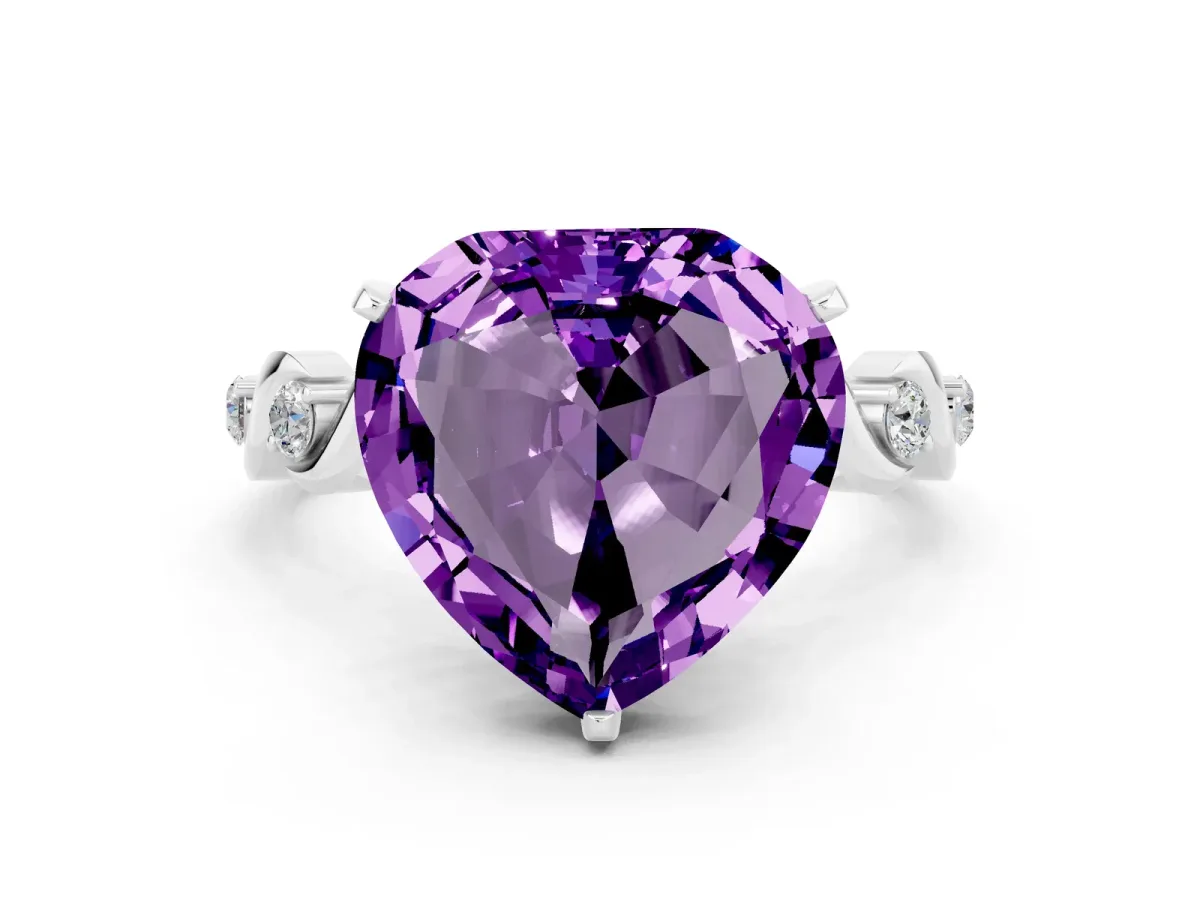 Heart Cut Amethyst Solitaire Twisted Band with Round Accents and Prong Setting White gold