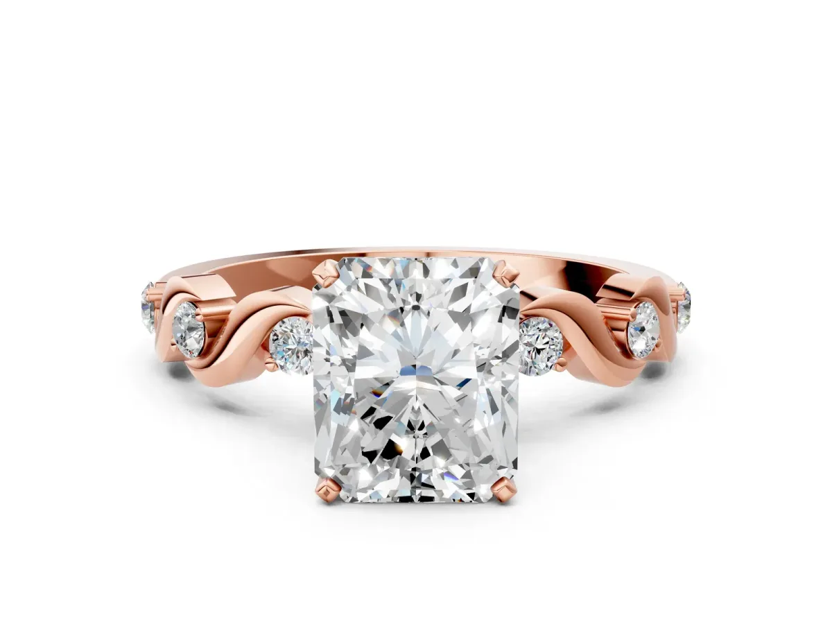 Radiant Cut Diamond Solitaire Twisted Band with Round Accents and Prong Setting Rose gold