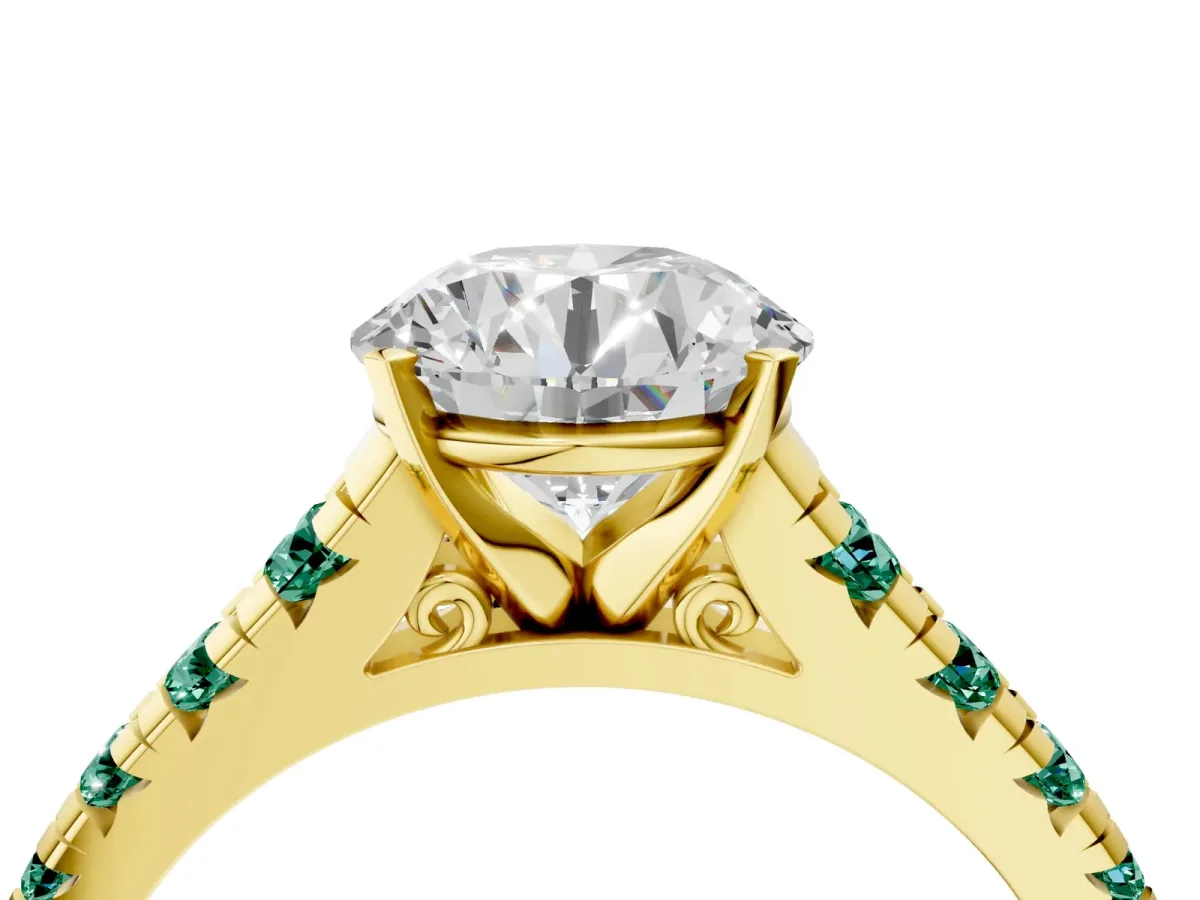 Round Cut Diamond Cathedral Solitaire Ring with Round Green Sapphire Pavé Band Yellow gold