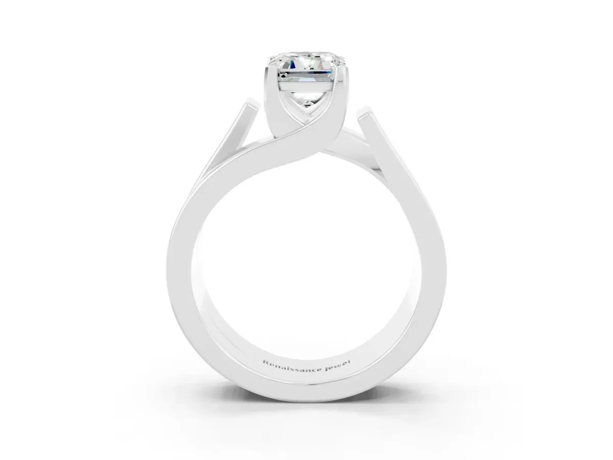 Modern Tension Set Emerald Cut Moissanite Solitaire Wide Band Ring Platinum